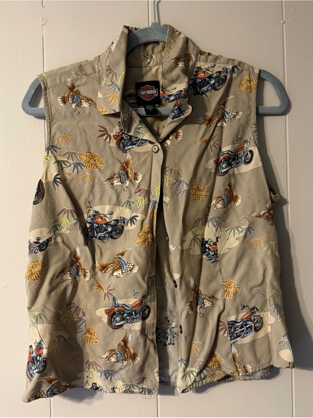 Harley-Davidson USA AOP Sleeveless Button Up Shirt Men’s L Fits S/M Hawaiian Tee